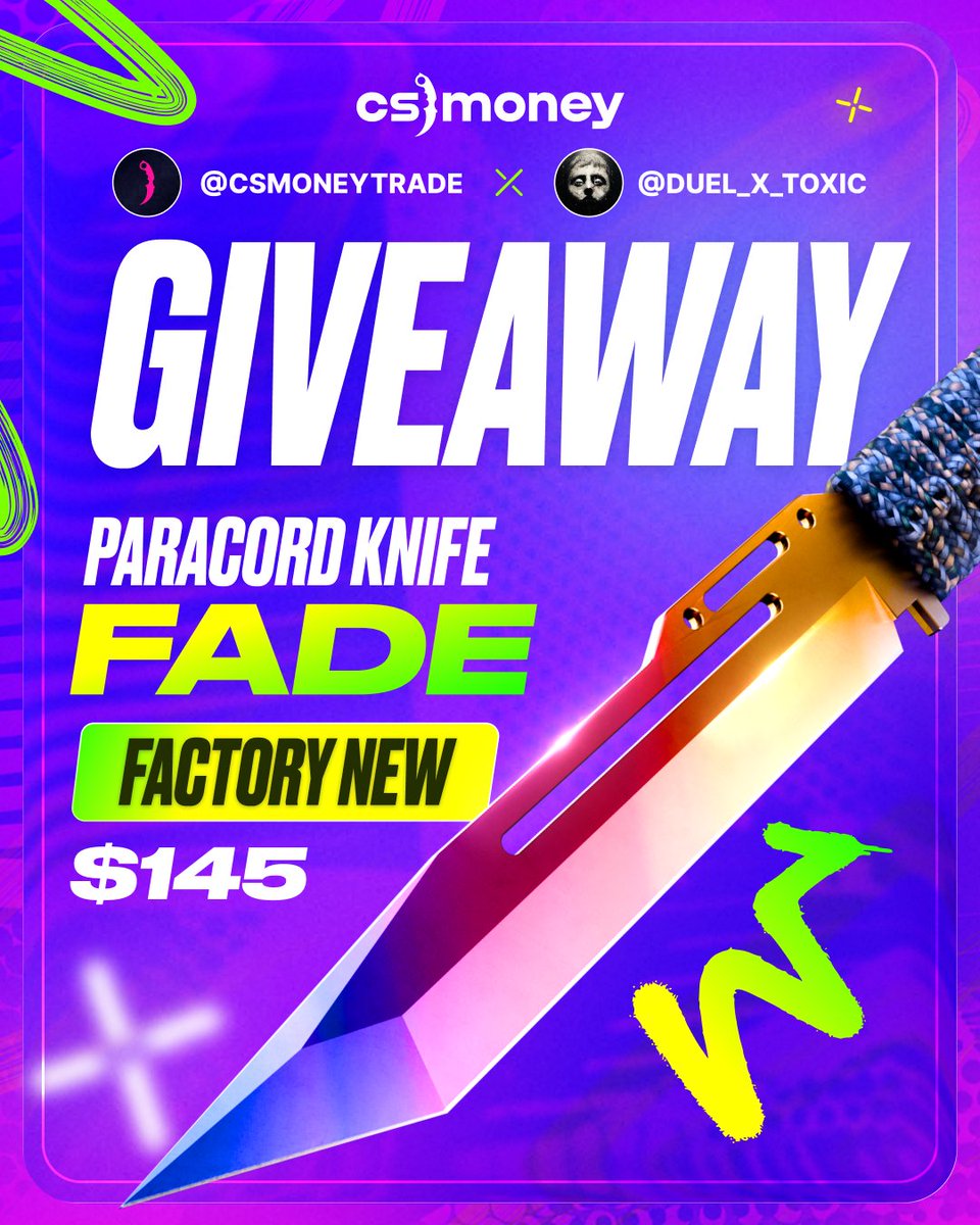 DUEL_x_TOXIC's tweet photo. .🎁Paracord Knife | Fade (FN) Giveaway🎁.

One lucky winner will get this knife🔪🔥

To join:

✅Follow @DUEL_x_TOXIC &amp; @csmoneytrade 
✅Like and share the post
✅Tag a friend
⏰Deadline: 25th September 

Don't miss the chance and join, Good luck!!🤞🥰 https://t.co/nzjsOb3nTG
