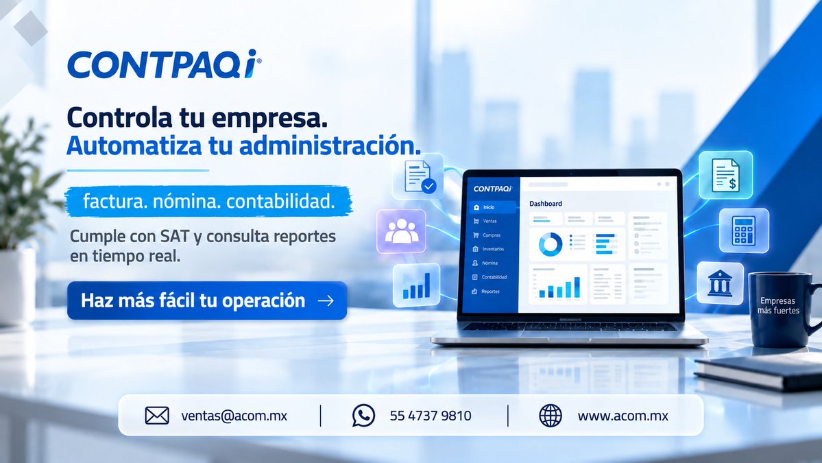 ACOMENLINEA's tweet photo. Menos procesos dispersos. Más control sobre tu empresa. 📊

Con CONTPAQi® lleva áreas clave de tu operación con soluciones que se adaptan a tu negocio.

💬 Escribe “DEMO” y te compartimos información para una demostración.

#CONTPAQi #PyMEs #ACOM https://t.co/CKYkWtA7Ej