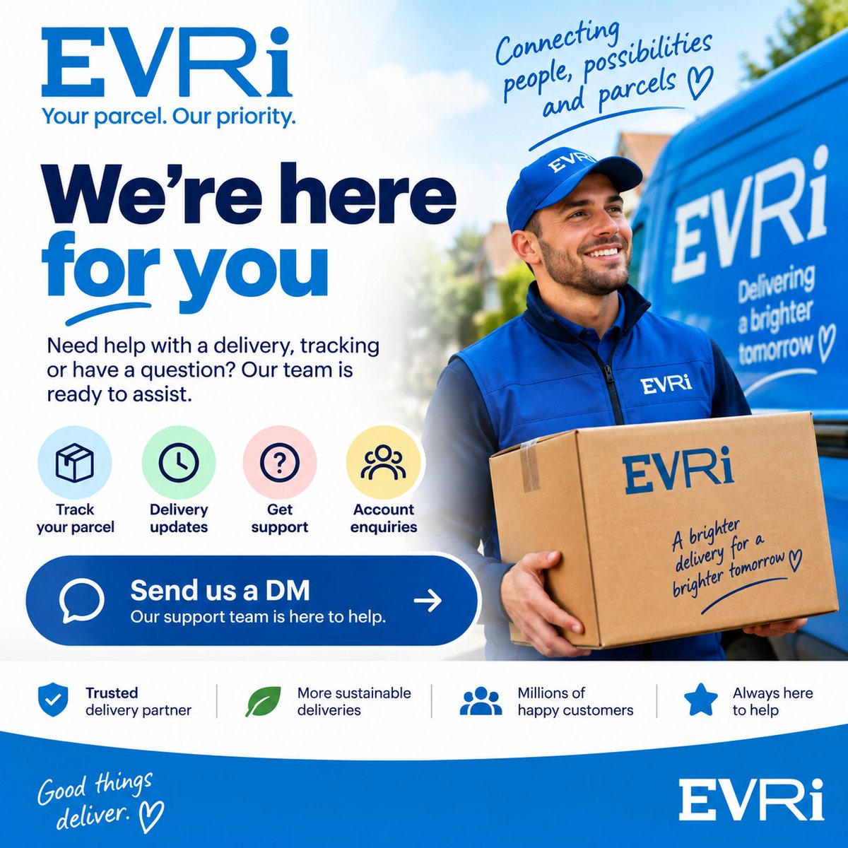 evri_line46842's tweet photo. 📦✨ Waiting for your parcel? Need an update?

Don’t let a delivery question leave you guessing! Whether it’s tracking, a delayed parcel or a delivery query, we’re here to help. 💙

💬 Drop us a DM and let’s get your question sorted!

#Evri #EvriHelp #ParcelDelivery #CustomerService