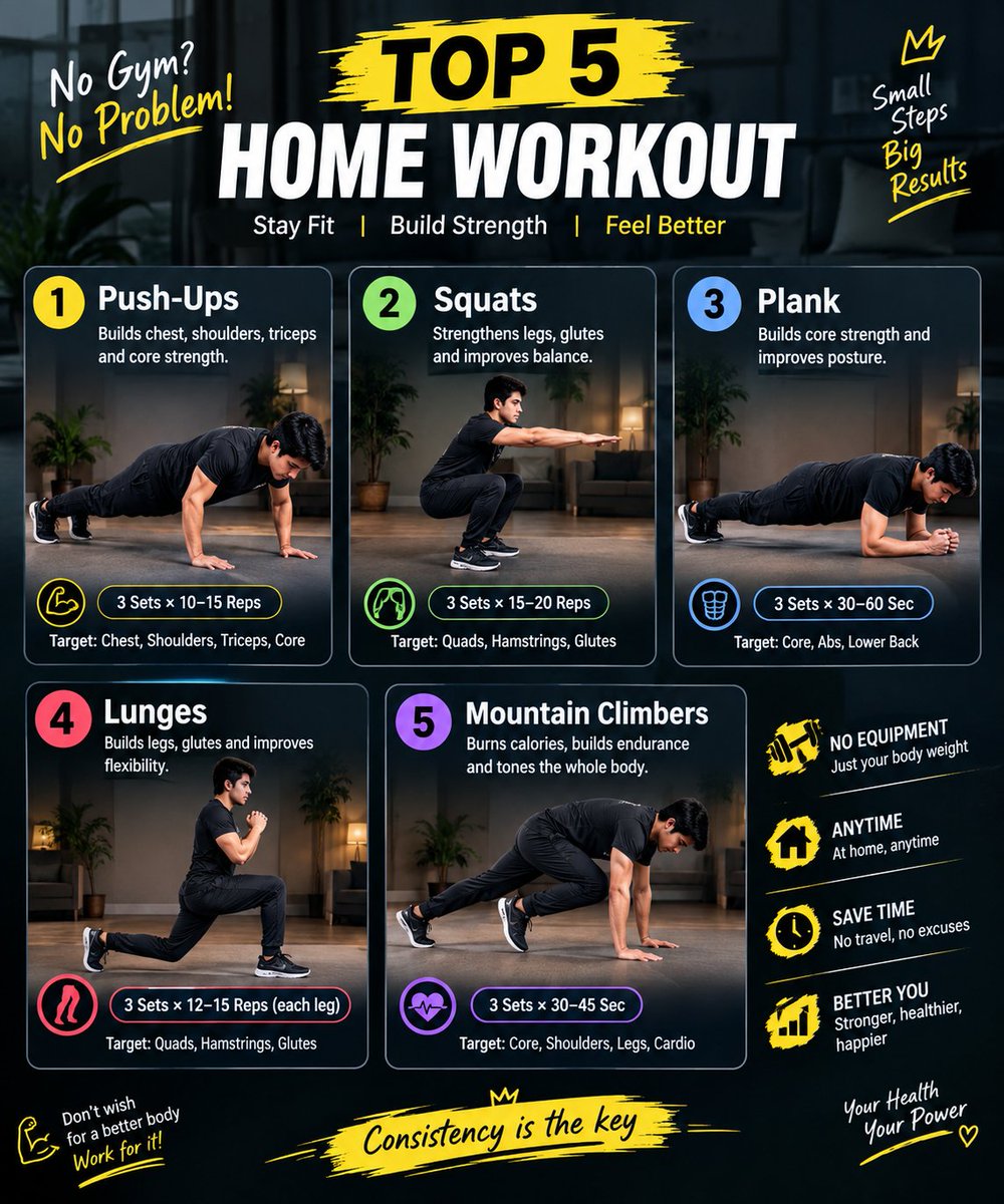 Liya428g's tweet photo. No gym? No problem. 💪🔥
Try these 5 simple home workouts to build strength, improve fitness, and feel better every day. Start small, stay consistent, and let the results speak. 🏠⚡

#HomeWorkout #Fitness #Workout #StayFit #HealthyLifestyle #Gym #Motivation #FitnessTips https://t.co/hQnrpoKhLO