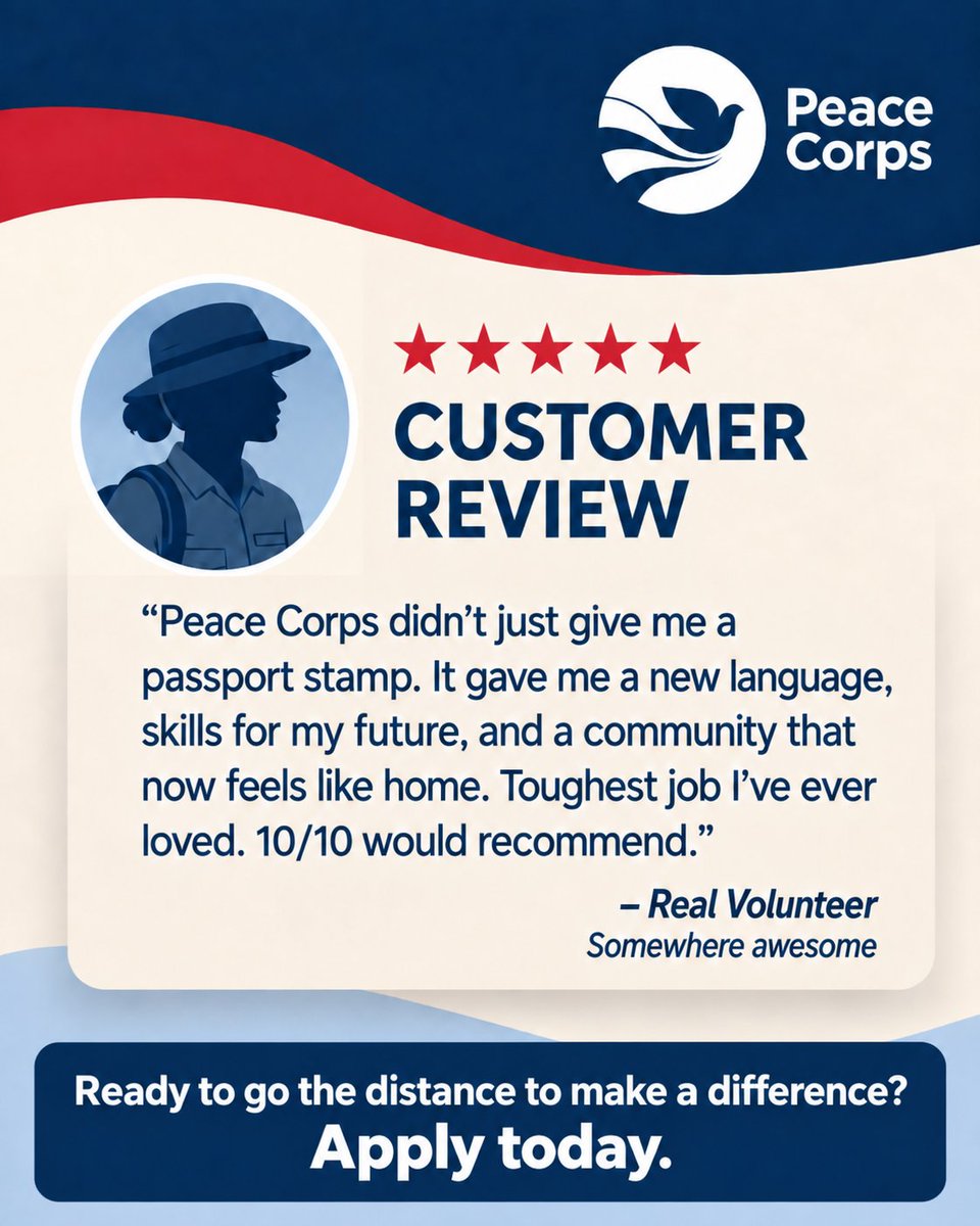 PeaceCorps's tweet photo. Ready for work that matters? 💪🏼 See current Peace Corps Volunteer openings at https://t.co/NPaUb95uB3

#PeaceCorps #ToughestJob https://t.co/wVkFZrKPw5