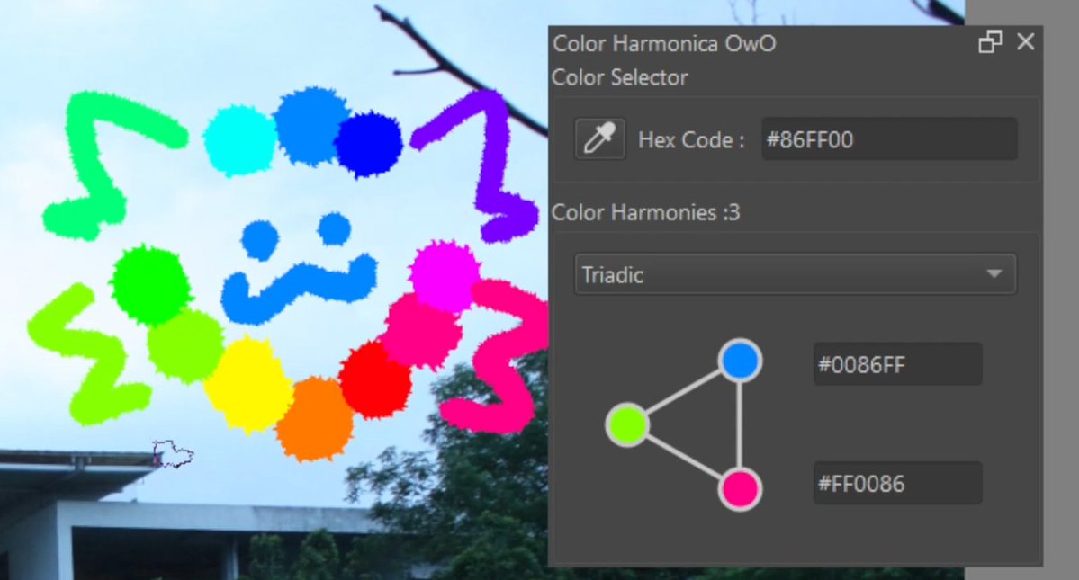 Replay_260's tweet photo. Color Harmonica OwO by mee

A simple tool for calculating "color harmonic" for Krita
https://t.co/aW5y88t92O
#krita #plugin #color https://t.co/x0uD4kDu4g