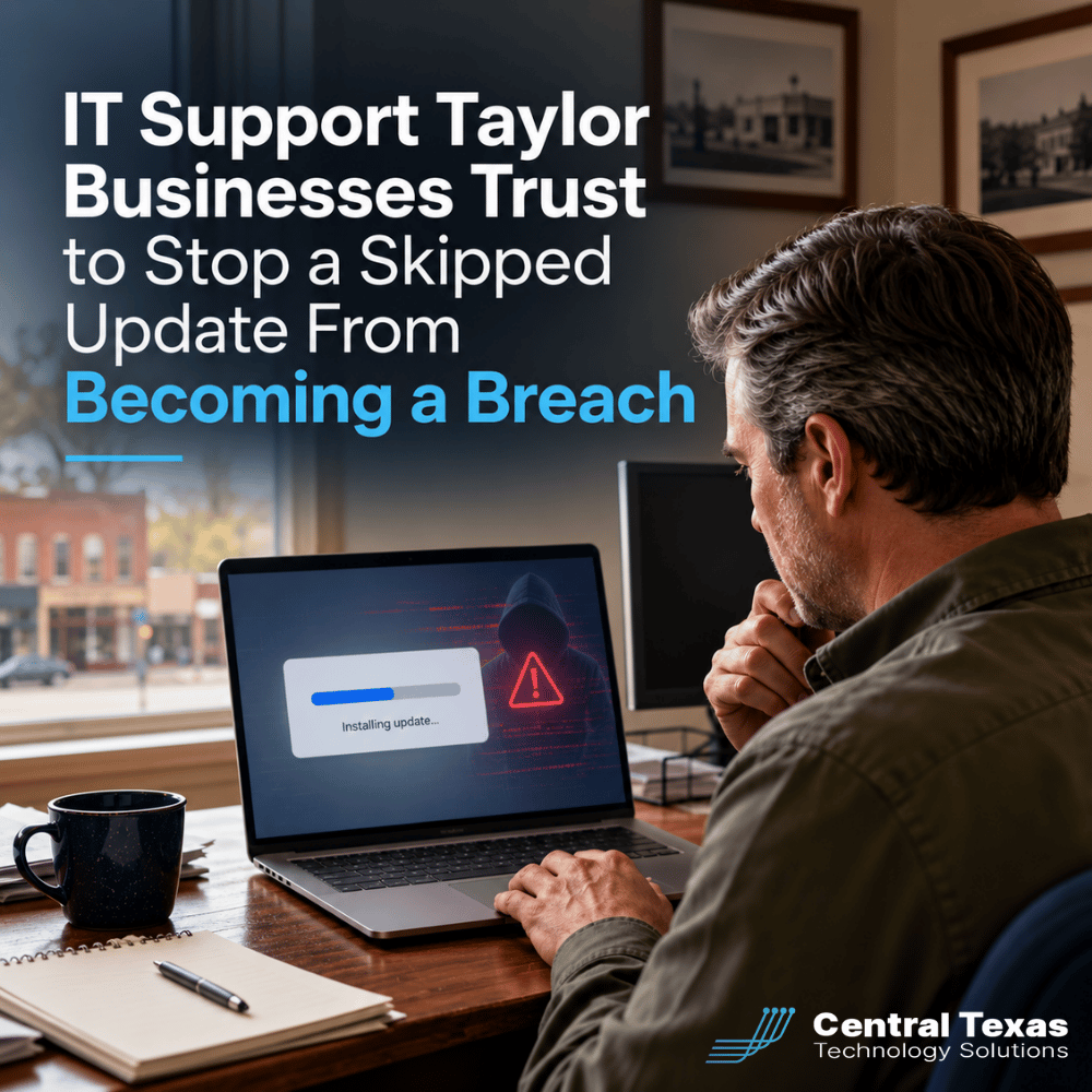 CTTSonline's tweet photo. Clicked “Remind Me Later” on a software update? 💻 That small delay can leave a known security gap open. Learn how automated patching helps Taylor businesses stay protected. 🔐
https://t.co/LXgqPjqcP6
#CTTSonline #TaylorTX #AustinTX #Cybersecurity #ManagedIT https://t.co/7b0JmWHv69
