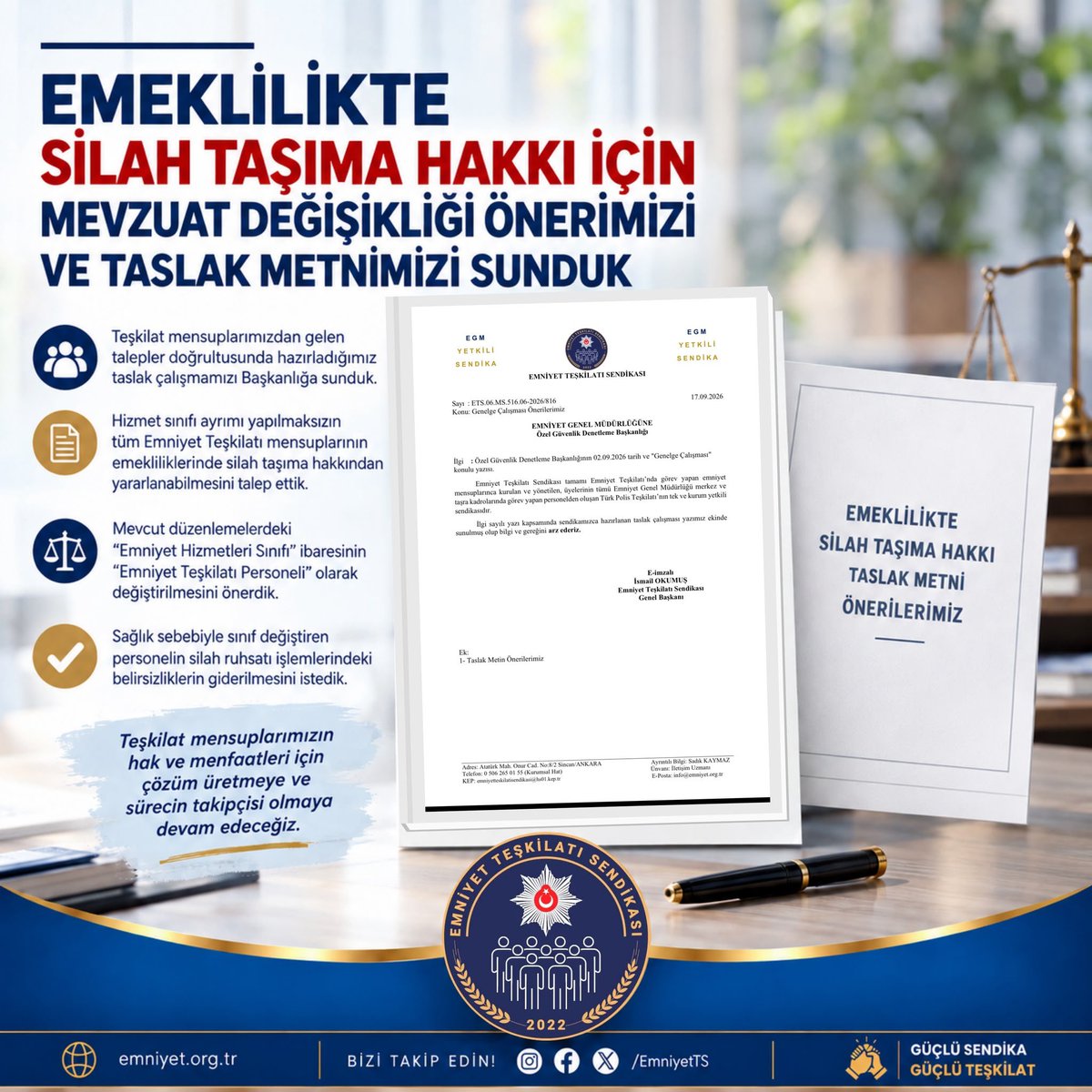 EmniyetTS's tweet photo. Emeklilikte Silah Taşıma Hakkı İçin Mevzuat Değişikliği Önerimizi ve Taslak Metnimizi Sunduk

Emniyet Genel Müdürlüğü Özel Güvenlik Denetleme Başkanlığı tarafından yürütülen “Genelge Çalışması” kapsamında, sahada görev yapan personelin görüş ve önerilerinin sürece dâhil edilmesini, katılımcı yönetim anlayışı açısından son derece kıymetli buluyoruz.

Emniyet Teşkilatı Sendikası olarak, teşkilat mensuplarımızdan gelen talepler, mevcut mevzuat ve yargı kararları doğrultusunda hazırladığımız taslak çalışmamızı Başkanlığa sunduk.

Çalışmamızda özellikle; hizmet sınıfı ayrımı yapılmaksızın tüm Emniyet Teşkilatı mensuplarının emekliliklerinde silah taşıma ruhsatı hakkından yararlanabilmesini ve sağlık sebebiyle sınıf değiştiren personelin silah ruhsatı işlemlerindeki belirsizliklerin giderilmesini talep ettik. Bu doğrultuda, mevcut düzenlemelerdeki “Emniyet Hizmetleri Sınıfı” ibaresinin “Emniyet Teşkilatı Personeli” olarak değiştirilmesini ve hizmet süresine ilişkin farklılıkların giderilmesini gerekçeleriyle birlikte önerdik.

Görüş ve önerilere açık bu yaklaşımın, Başkanlığın yeni döneminde de somut ve kalıcı düzenlemelerle karşılık bulacağına inanıyoruz. Özel Güvenlik Denetleme Başkanlığı görevine atanan Sayın Onur KARABURUN��a da bu vesileyle yeni görevinin hayırlı olmasını diliyor,başarı ve muvaffakiyetler temenni ediyoruz.

Yıllardır birçok teşkilat mensubumuz açısından önemli bir soruna dönüşen ve farklı kurumlarda emsal uygulamaları da bulunan bu hususun, küçük ancak etkisi büyük bir düzenlemeyle çözüme kavuşturulabileceğine inanıyor; Sayın Başkanımızdan çok sayıda teşkilat mensubumuzu sevindirecek bu değişikliğe imza atmasını bekliyoruz.

Emniyet Teşkilatı Sendikası olarak, teşkilat mensuplarımızın hak ve menfaatlerini ilgilendiren her konuda çözüm üretmeye ve sürecin takipçisi olmaya devam edeceğiz.

@egmozelguvenlik
@OnrKaraburun