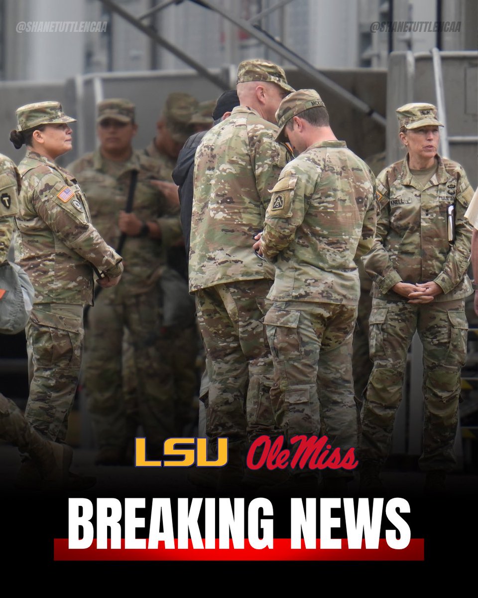 ShaneTuttleNCAA's tweet photo. NEWS: Mississippi Gov. Tate Reeves has authorized the deployment of National Guard ahead of Saturday’s LSU-Ole Miss game in Oxford.

More than 2,000 troops and multiple armored vehicles are expected to be stationed throughout the city until early Sunday morning. https://t.co/wTGLQA9XN3