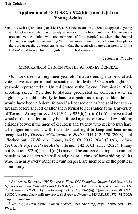 gunpolicy's tweet photo. The DOJ’s Office of Legal Counsel has just issued an opinion finding that the federal ban on handgun sales to 18-20-year-olds violates the Second Amendment: https://t.co/x9O1nSJlKi https://t.co/8edOoPZxsY