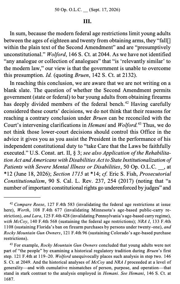 gunpolicy's tweet photo. The DOJ’s Office of Legal Counsel has just issued an opinion finding that the federal ban on handgun sales to 18-20-year-olds violates the Second Amendment: https://t.co/x9O1nSJlKi https://t.co/8edOoPZxsY