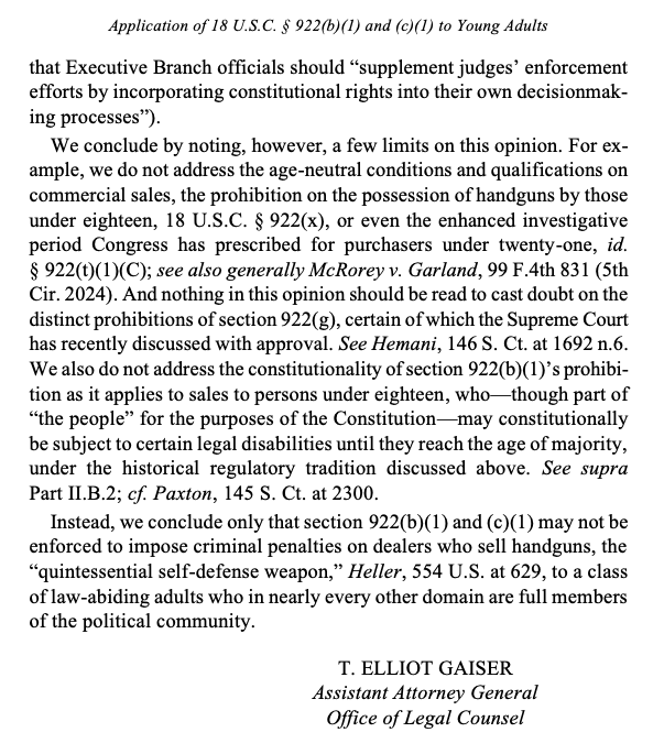gunpolicy's tweet photo. The DOJ’s Office of Legal Counsel has just issued an opinion finding that the federal ban on handgun sales to 18-20-year-olds violates the Second Amendment: https://t.co/x9O1nSJlKi https://t.co/8edOoPZxsY