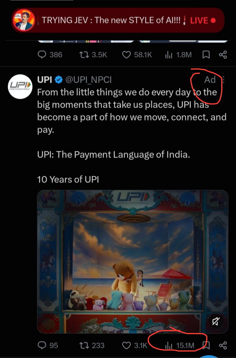 ShyParth's tweet photo. If UPI operations need funds and can't survive freely, maybe don't run these ad campaigns, it's very much pointless, most people already know what UPI is 🥴 at least some savings will be there ofc not everything can be solved https://t.co/E40Awtg5hD