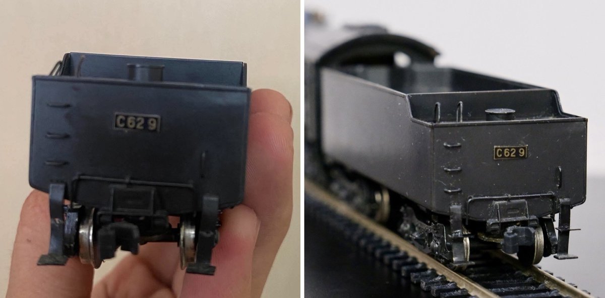 StTopHat's tweet photo. A set of before and after photos 

The original photos are from the seller I got the C62 from, the loco was absolutely filthy, first thing that was done was immediately give it a soapy scrub

The last photo is a test fit of the scratch built front loco steps https://t.co/KhHo4rdj2e