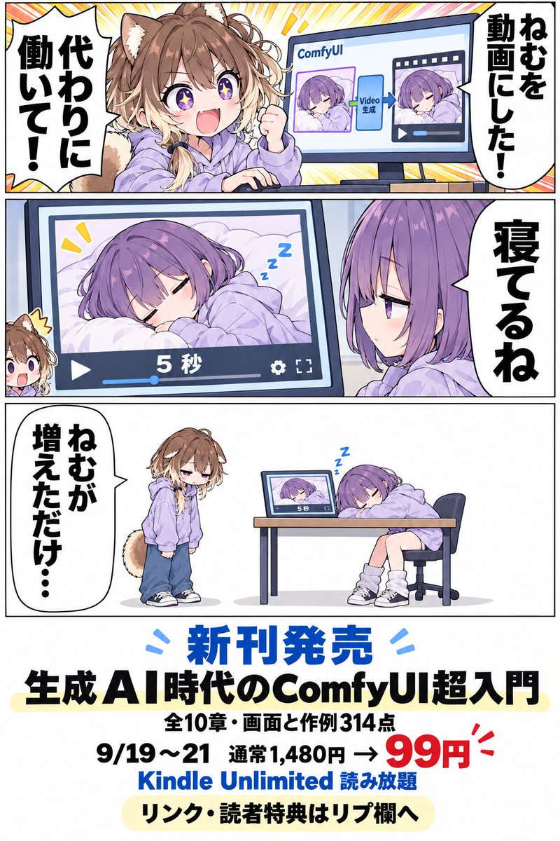 yoya4848's tweet photo. 本日、新刊発売しました！
（朝起きれないので夜のうちに告知）

『生成AI時代のComfyUI超入門』

画像／動画生成AIを使っていて、こんな不満はありませんか？

・毎月のクレジットが尽きて、納得の1枚まで回しきれない
・「この表現は出せません」と断られる
・生成した画像／動画に、消せない電子透かしが入るサービスもある

ComfyUIは、自分のPCの中で画像／動画生成するための無料ツールです。公開されているAIモデルをダウンロードして、処理の流れ（ワークフロー）をノードでつなぐと、画像も動画も、枚数を気にせず作れるようになります。かかるのは電気代だけです。

「うちの低性能PCじゃ動かないんじゃない？」と思われるかもしれません。
そんな方のために、RunPodという格安でGPUをレンタルできるクラウドサービスを使う方法も書きました。
1時間あたり118円ほどで高性能な仮想PCをレンタルしてComfyUIを使うことができます。

本書を読めば以下のことがわかるように！

・環境構築（Windows／Mac／RunPod）を画面つきで
・ノードのつなぎ方と、画像が作られる仕組み
・顔や手の描き直し、ポーズ指定、画風の参照
・自分の絵柄とキャラクターを覚えさせて、同じ姿で何枚でも出す（LoRA）
・作った画像を動かして、5秒の動画にする

全10章、画面と作例は314点。読み終わるころには、好きな画像を生成し、自分のキャラクターを動かせるようになります。

通常1,480円のところ、9/19〜21の3日間は99円。Kindle Unlimitedなら読み放題です。

リンクと読者特典はリプ欄に👇️