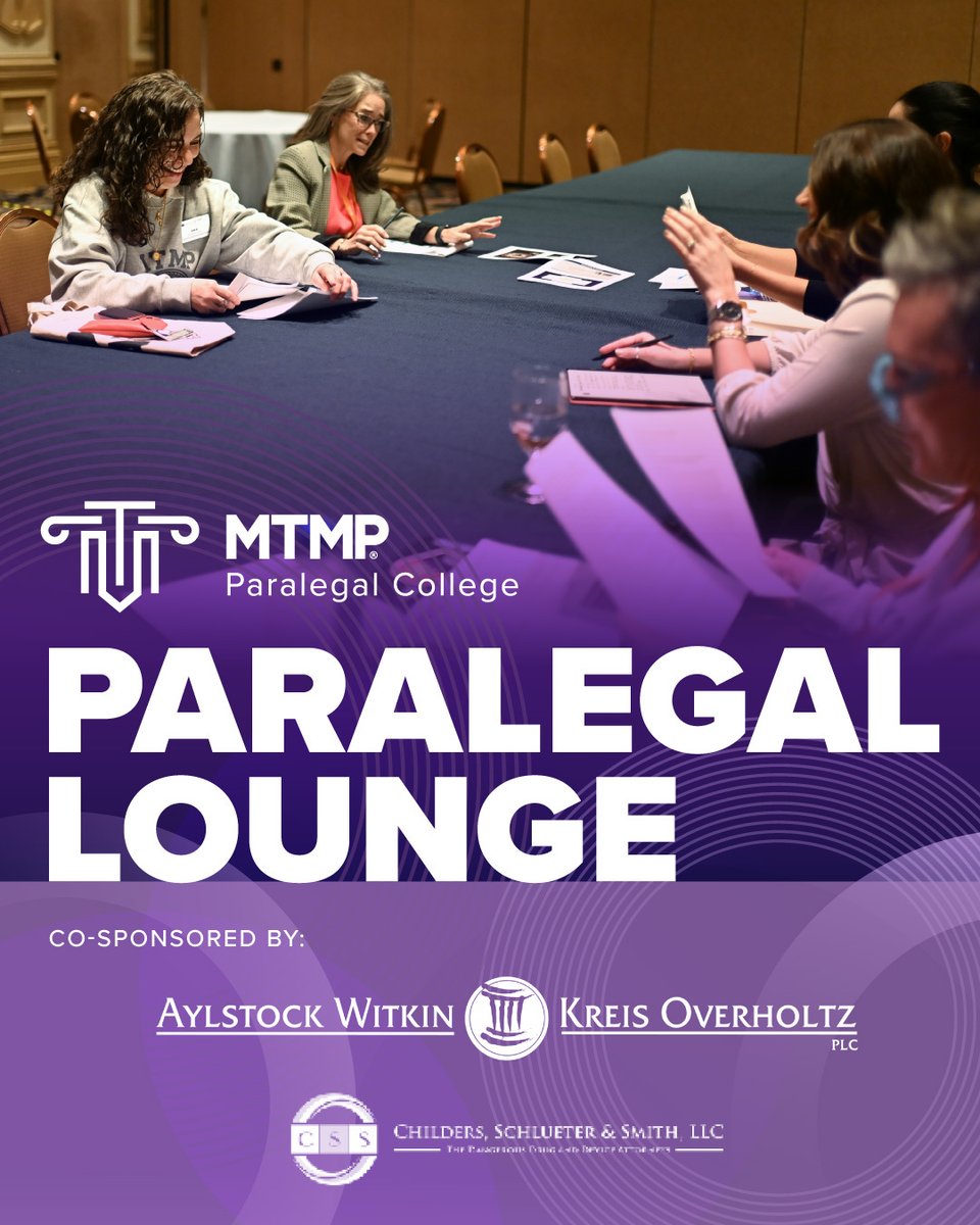 mtmpseminar's tweet photo. The Paralegal Lounge at #MTMPFall26 is your dedicated space to recharge, connect with fellow paralegals, and take a breather between sessions.

Special thank you for our co-sponsors, Aylstock, Witkin, Kreis &amp; Overholtz and Childers, Schleuter and Smith! 👏 https://t.co/UpiK7jXMqQ