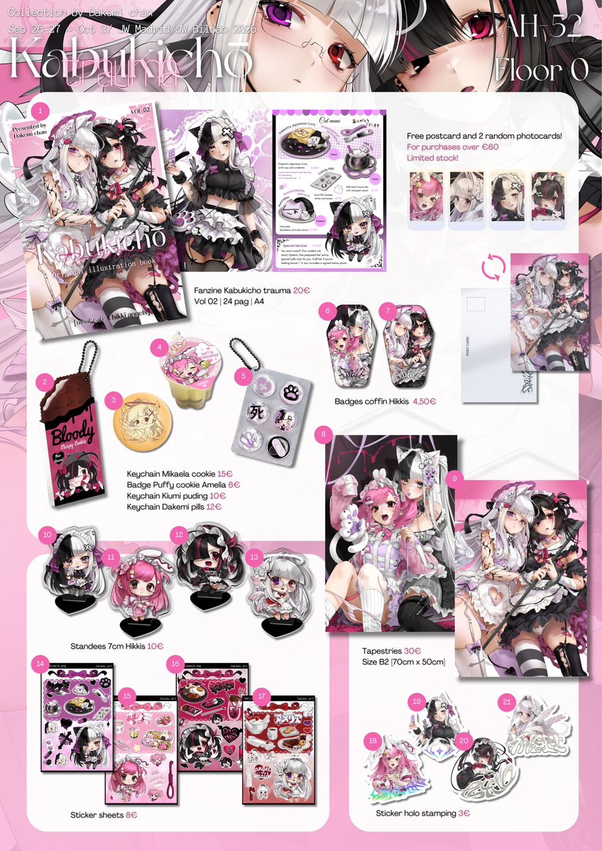 Dakemi_chan's tweet photo. [JW MADRID 2026 / AH-52/ FLOOR 0]  
The merchandise lineup has been revealed! Limited stock on some items!
I have lots of new merchandise, original shikishis and new apparel-!-!  Please check it out!

Reservations are accepted until the 25th! See you there!
 Looking forward to your support～～～! 😊 

Link and map below! (*ᴗ͈ˬᴗ͈) ꕤ*. ﾟ
#JwArte #JWMadrid