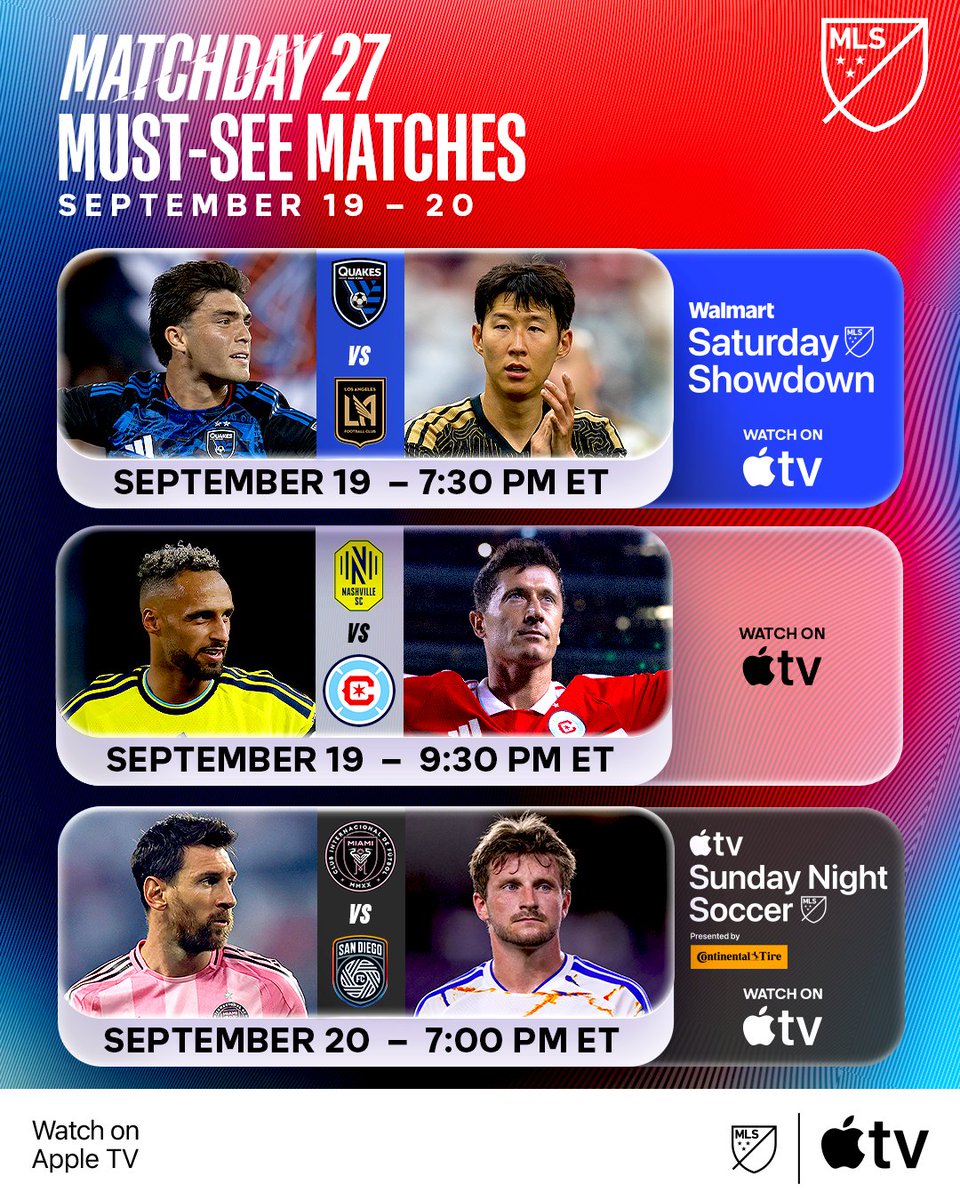 MLS's tweet photo. All eyes on these matches this weekend. 👀

Tune in for every moment on Apple TV: https://t.co/ZLYzltQoCV https://t.co/ncDKCPnkar