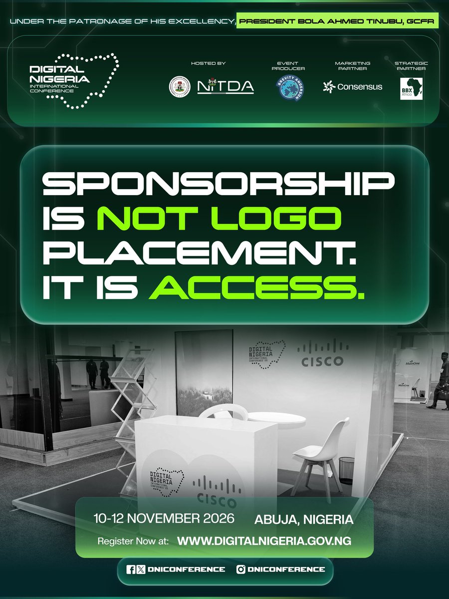 NITDANigeria's tweet photo. Sponsorship is more than visibility—it’s access to Nigeria’s digital future. 

Join the Digital Nigeria International Conference 2026 and position your brand where innovation, influence and opportunity meet.

10-12 November, 2026 | Abuja, Nigeria

Visit 👉https://t.co/NvoJtz271T https://t.co/0qNuPJTTWt