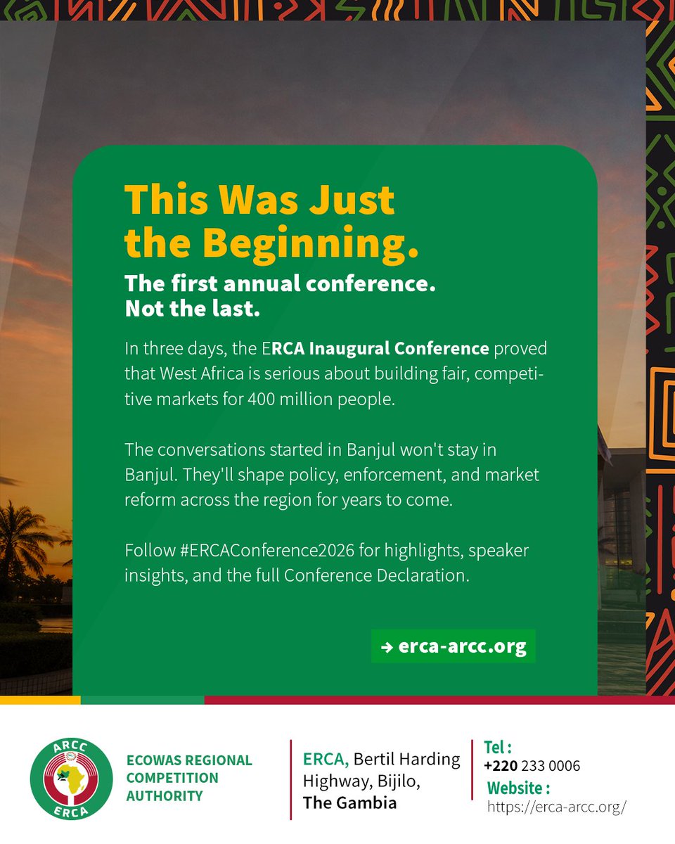 Erca_official's tweet photo. Thank you to everyone who made this first edition part of the journey.
#ERCA #ECOWAS #CompetitionPolicy #ERCA2026 https://t.co/FuWVxN45U2