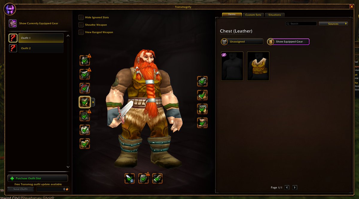MrGMYT's tweet photo. Transmog in WoW Forever works pretty similarly to the modern game.

You have Outfit Slots that you can purchase, starting at 10s, with 2 given to you for free.

You transmog the slot rather than the item itself, and you can also create custom sets and assign the outfits to certain gameplay situations.