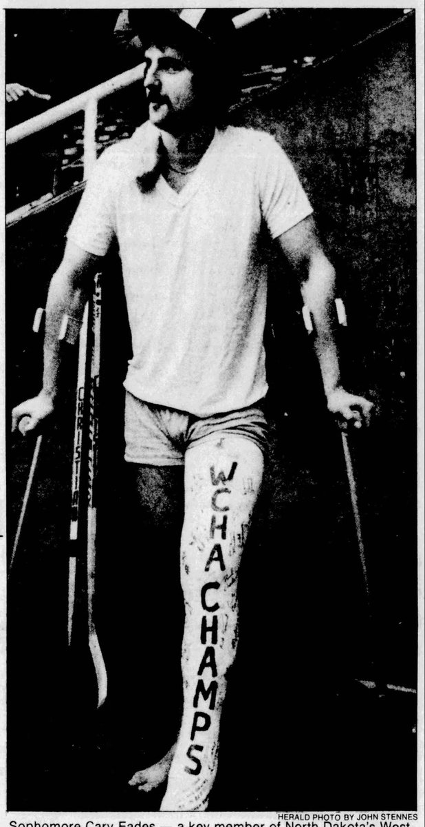 SchlossmanGF's tweet photo. Old photo of the day: Cary Eades after a gruesome tibia/fibula fracture in 1980. A reporter told Eades he's sorry he's no longer part of the lineup. Eades responded: "I still am." UND went on to win the national championship weeks later. https://t.co/pjNsYcClEi