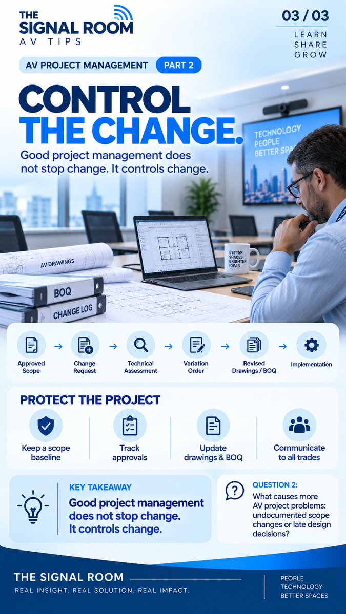 bayonet100's tweet photo. "AV Project Management Tip

“Can we just add one more microphone?”

In AV, one small change can affect cabling, switching, control, network, programming, cost and schedule.

Good project management doesn’t stop change. It controls change.
#ProAV  #AVTips #Thesignalroom #bayonet https://t.co/ds7lyQFRKR