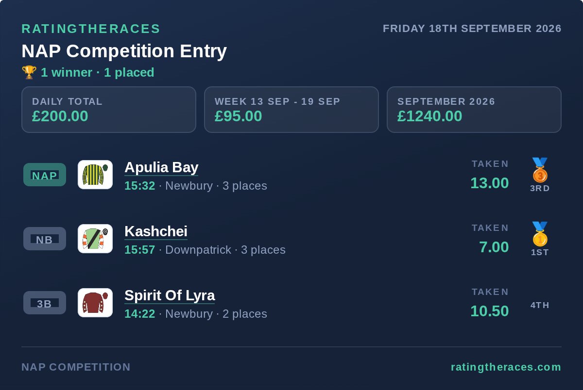Andellio70's tweet photo. My @RTRNapComp Results are:

This 🏇 Competition run by @RatingTheRaces is FREE to enter and you can win🎁 DAILY prizes 🎁

Check out @RatingTheRaces and see how to enter!

Remember it's FREE to play!

#RTRNaps https://t.co/4vXAfm41sl