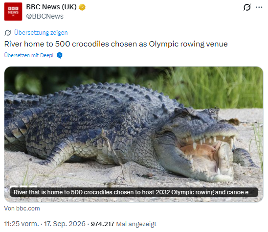 DortmundaBerlin's tweet photo. Ein Fluss, der die Heimat von 500 Krokodilen ist, wurde als Austragungsort für olympisches Rudern ausgewählt.

Das wird ein spannender Wettbewerb 😁 https://t.co/q1wzJ04BON