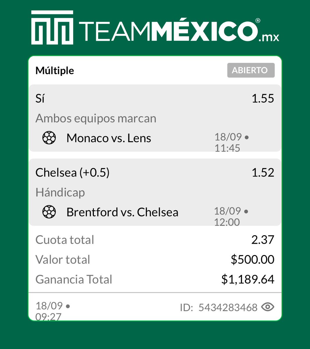 tainpicks's tweet photo. 🔥 ARRANCA EL RETO ESCALERA 🔥

PRIMER ESCALÓN: $500 → $1,189.64 💰📈

⚽️ Mónaco vs Lens — AMBOS ANOTAN
⚽️ Brentford vs Chelsea — CHELSEA +0.5
📈 CUOTA 2.37

Empezamos con $500 y el objetivo es llevarlos hasta $10,000 PASO A PASO. 🪜🏆

HOY EMPIEZA EL PRIMER RETO ESCALERA DE MI VIDA Y ES COMPLETAMENTE GRATIS PARA USTEDES. 🫡🔥

🟢 VAMOS POR EL PRIMER ESCALÓN.