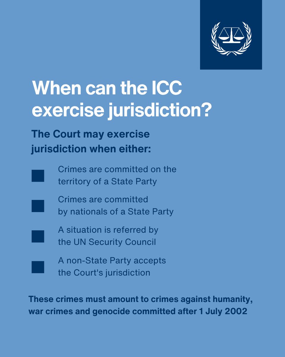 IntlCrimCourt's tweet photo. ⚖️The #ICC may investigate and prosecute the gravest crimes only where the requirements of the Rome Statute are satisfied. https://t.co/M263LbHP10