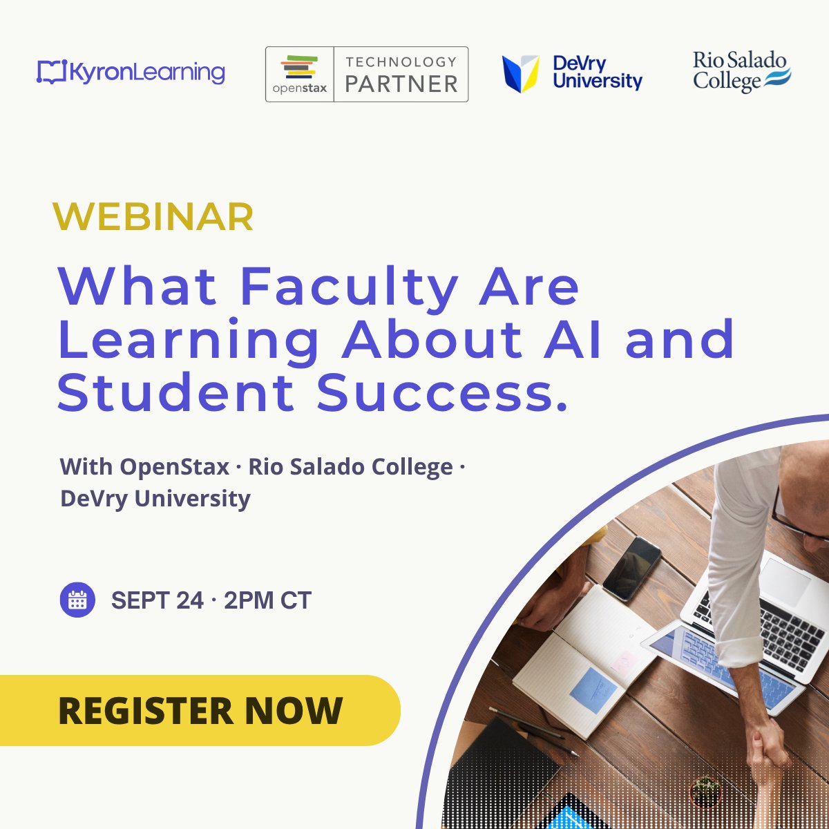 kyronlearning's tweet photo. Next Thursday — join us live with OpenStax. 🎓

What Faculty Are Learning About AI and Student Success

Faculty from Rio Salado College and DeVry University are joining us to share what they've learned bringing AI-powered instruction into their courses — what's worked, what's surprised them, and what it's meant for their students.

Join us September 24 at 2 PM CT. If you're an OpenStax user or exploring AI-powered instruction, this session is worth your time.

🔗 https://t.co/6B85cCzxx4

#AIinEducation #HigherEducation #OpenStax #FacultyDevelopment #KyronLearning