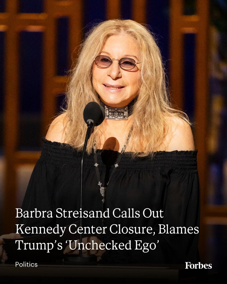 Forbes's tweet photo. Barbra Streisand published a scathing statement calling out President Donald Trump over the closure of the Kennedy Center, which she blamed on his “unchecked ego."
Read more: https://t.co/CjVyO8WkRk
📸: Frank Micelotta/Disney via Getty Images https://t.co/DZszUd4UAR