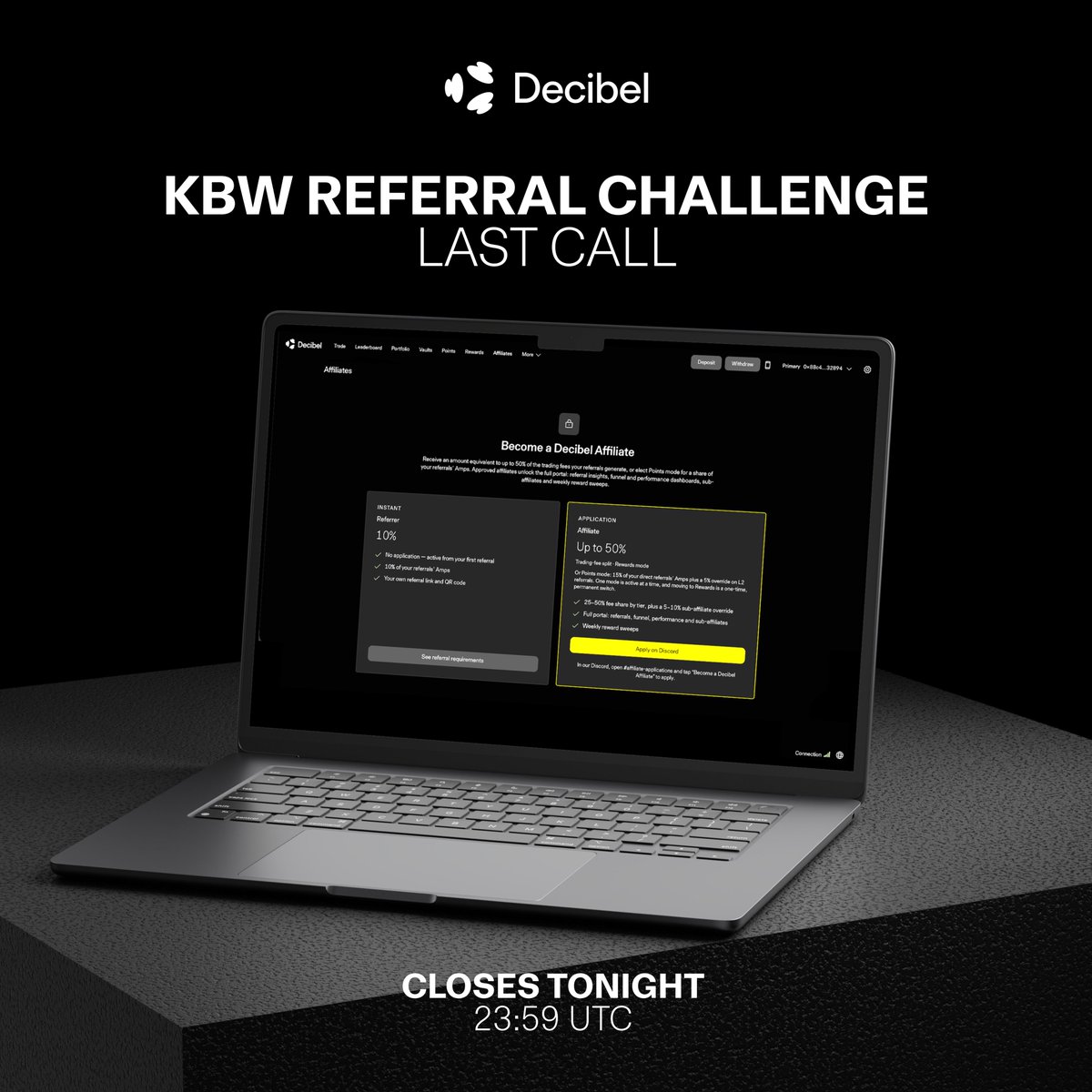 DecibelTrade's tweet photo. Last call, group-chat recruiters. 

The KBW referral challenge closes today at 23:59 UTC.

Whoever brings the most traders goes to Seoul. https://t.co/aEzX2MZ3sW