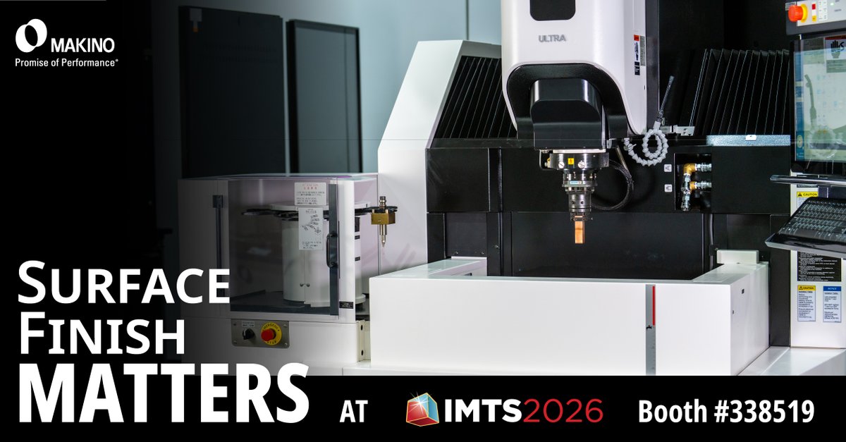 MakinoMachine's tweet photo. #IMTS 𝗕𝗼𝗼𝘁𝗵 #338519: 𝗠𝗲𝗲𝘁 𝗠𝗮𝗸𝗶𝗻𝗼’𝘀 𝗯𝗿𝗮𝗻𝗱-𝗻𝗲𝘄 𝗘𝗗𝗔𝗙𝟮𝗶 𝗨𝗹𝘁𝗿𝗮, 𝗳𝗲𝗮𝘁𝘂𝗿𝗶𝗻𝗴 𝗶𝗻𝗻𝗼𝘃𝗮𝘁𝗶𝘃𝗲 𝗛𝗶𝗴𝗵-𝗤𝘂𝗮𝗹𝗶𝘁𝘆 𝗦𝘂𝗿𝗳𝗮𝗰𝗲 𝗖𝗹𝗮𝗿𝗶𝘁𝘆 (𝗛𝗤𝗦𝗰) 𝘁𝗲𝗰𝗵𝗻𝗼𝗹𝗼𝗴𝘆, 𝗮 𝘀𝗶𝗻𝗸𝗲𝗿 𝗘𝗗𝗠 𝗱𝗲𝘀𝗶𝗴𝗻𝗲𝗱 𝘁𝗼 𝗲𝗹𝗲𝘃𝗮𝘁𝗲 𝘀𝘂𝗿𝗳𝗮𝗰𝗲 𝗾𝘂𝗮𝗹𝗶𝘁𝘆 𝗮𝗻𝗱 𝗘𝗗𝗠 𝗽𝗲𝗿𝗳𝗼𝗿𝗺𝗮𝗻𝗰𝗲.

During the event, you’ll also get an inside look at the UX3i Wire EDM with its Luminous Surface Finish Technology, along with an automated EDM solution featuring the EDGE2i Sinker EDM and Makino’s µCell B80 automation system.

Add Makino to your #IMTS2026 Planner with this link: https://t.co/IPClx8bWx3

@MakinoMachine #MakinoEDM #EDM #WireEDM #SinkerEDM #EDAF2iUltra #EDGE2i #UX3i #B80 #Automation