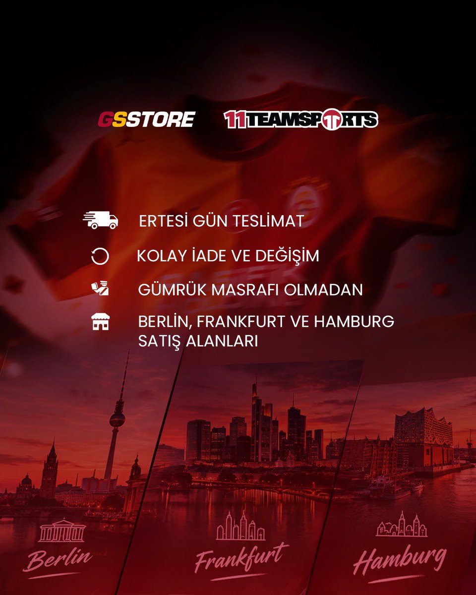 GSStore's tweet photo. Forma nerede, sevda orada. 😏

GSStore ve 11Teamsports arasında başlayan iş birliğiyle, Almanya’daki taraftarlarımız artık sarı-kırmızı renklere çok daha kolay ulaşabilecek. 🤝🦁

Bu iş birliğinin ilk adımı olarak koleksiyonun seçkin ürünleri, Almanya'daki 11Teamsports mağazalarında ve online platformunda taraftarlarımızla buluşmaya başladı.

Artık Türkiye’den kargo beklemene gerek yok!

🛒 Özel GSStore sayfası,
🚚 Ertesi gün teslimat imkânı,
🔄 Kolay iade ve değişim,
🛃Gümrük masrafı olmadan,
📍 Berlin, Frankfurt ve Hamburg 11TS mağazalarında GSStore alanları.

GSStore ürünlerini Avrupa’daki taraftarlarımıza daha yakın hale getirmek için ürün gamımızı ve erişim ağımızı birlikte büyütmeye devam edeceğiz.

Sarı-kırmızı sevdamız sınır tanımaz.

Çünkü #BirlikteHerYerdeyiz 🫶

📲 Alışverişe başlamak için: https://t.co/VEzSL5SJ7Y