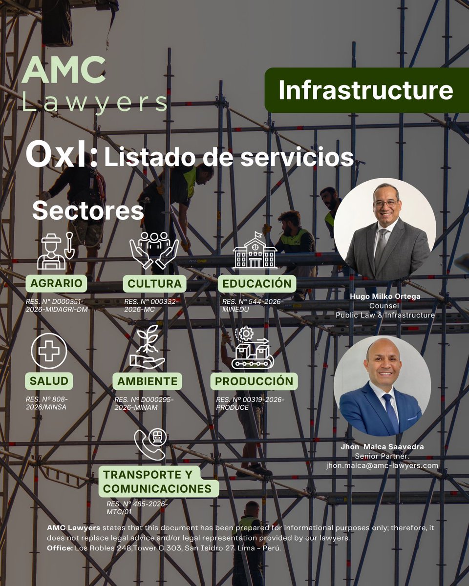 AMC_Lawyers's tweet photo. 𝗢𝘅𝗜: 𝗟𝗶𝘀𝘁𝗮𝗱𝗼 𝗱𝗲 𝘀𝗲𝗿𝘃𝗶𝗰𝗶𝗼𝘀
Se aprobaron los listados de servicios susceptibles de ejecución mediante OxI, en el marco del 𝗗.𝗨. 𝗡.° 𝟬𝟭𝟬-𝟮𝟬𝟮𝟲, para atender la emergencia asociada al Fenómeno El Niño 2026–2027.
#ObrasPorImpuestos https://t.co/T4mZ7WRC7p