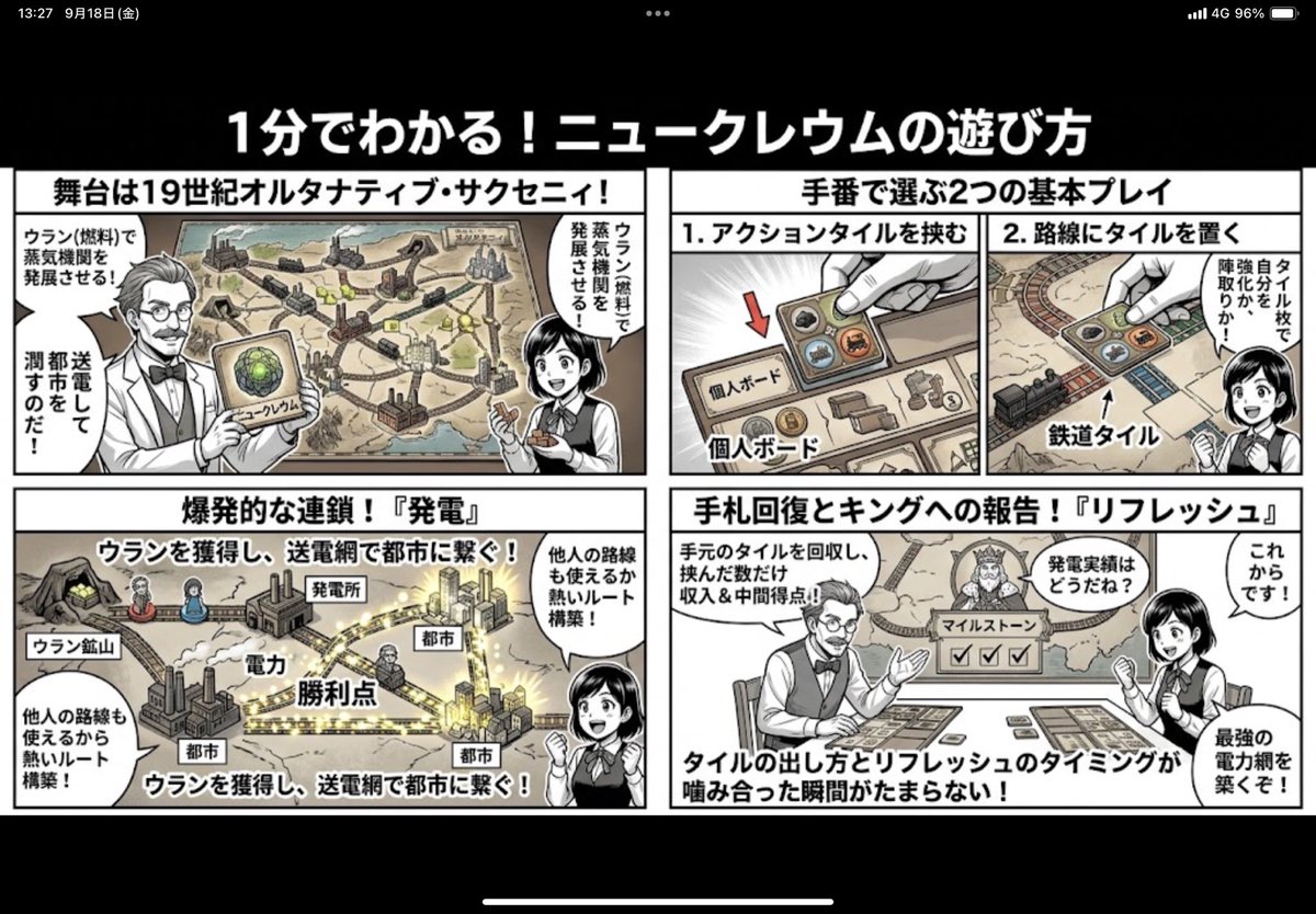 gtsuzucats's tweet photo. #ボードゲーム
#ニュークレウム
　最近話題になっているAIなるものを使ってみようと思ふて、使ってみるなり。
　我が家で未開封のままになっているこのゲームの魅力や進め方を短時間で分かりやすくする方法はないかと思ってやってみたら、こんな感じになった＾＾ https://t.co/WrPLj9MdWH