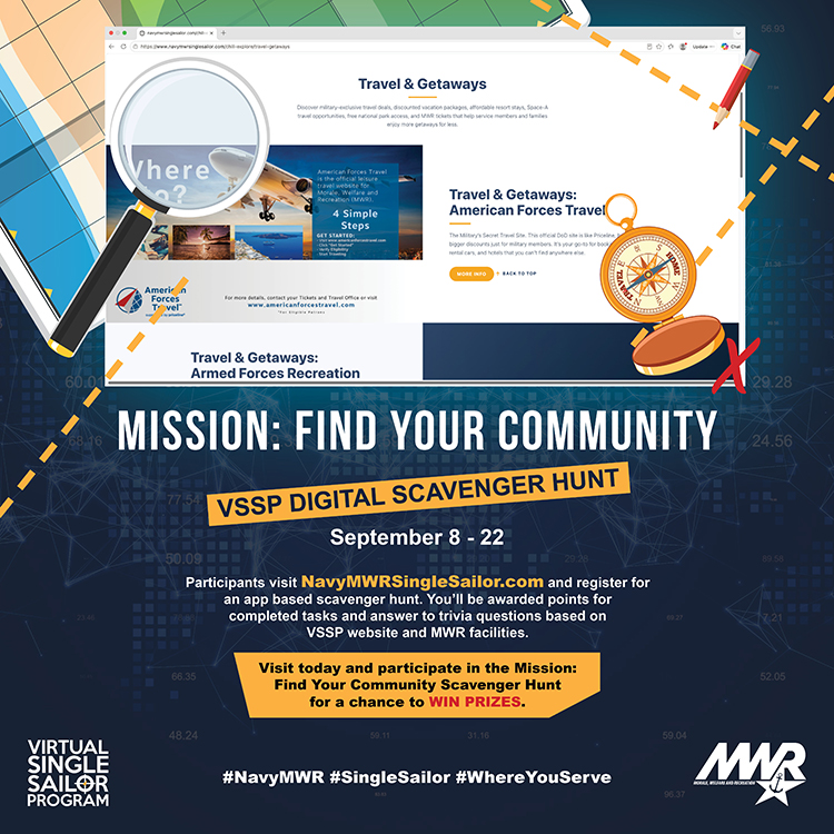 NavyLifeNPT's tweet photo. THE MORE YOU EXPLORE, THE MORE YOU CAN WIN! #SingleSailor, the  #VSSP &amp; MWR Great Barracks Escape #ScavengerHunt is ON—&amp; the leaderboard is waiting for you! https://t.co/GsK8l11DKL Thanks to our prize sponsor: American Forces Travel. No Navy endorsement implied. https://t.co/Uq1rC1MiiG
