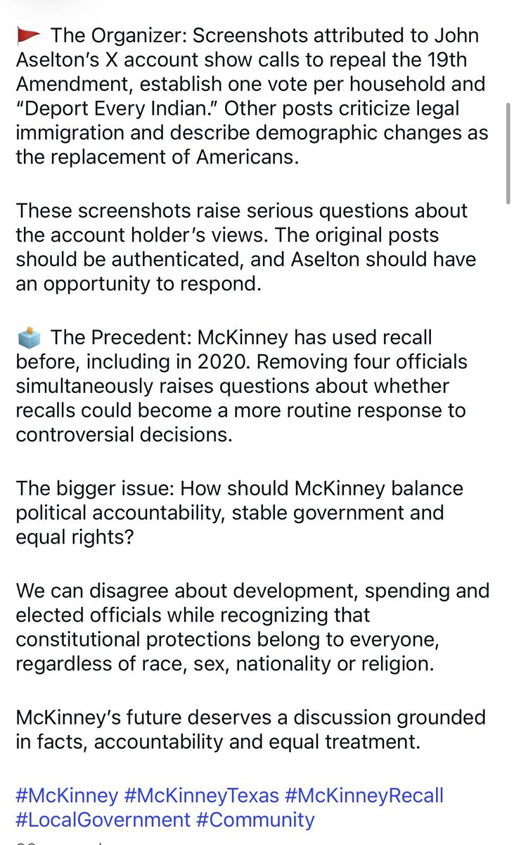 ConstMcK's tweet photo. The McKinney recall targets 4 elected officials. It followed a controversial development approval, and posts attributed to organizer John Aselton raise questions about his views on women, Indians and race. What’s really driving this recall?  @Jaselton @_withashley @LouisSCRE https://t.co/U7Y1lYsysQ