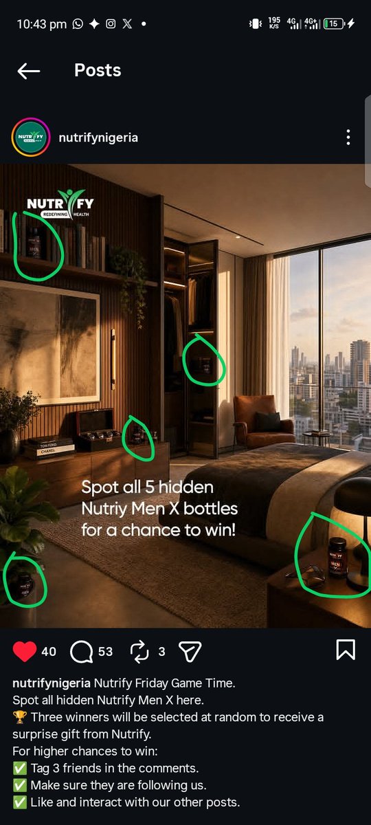 nd_ucee's tweet photo. @NutrifyNigeria Bottle 1 - Top shelf of the left bookshelf
Bottle 2 - On the low console table below the picture
Bottle 3 - On the floor behind the plant on the bottom left
Bottle 4 - Inside the open wardrobe closet
Bottle 5 - On the nightstand beside the lamp on the right https://t.co/BXN4UVIXh7