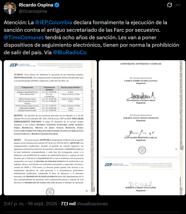 AleKolomonosov's tweet photo. Mientras Enrique Gómez, Abelardo De La Espriella y los sectores más radicales de las nuevas derechas en el poder siguen con su discurso de acabar con la JEP y reducirla vía recorte de fondos y otras medidas, la JEP toma decisiones de fondo sobre el secretariado y les limita su movilidad interna, los pone a trabajar en procesos restaurativos durante una jornada laboral entera y les prohíbe salir del país.

Así como la JEP fue quien aseveró la cifra de los 18 mil niños, niñas y adolescentes reclutados por las FARC, y así como la JEP también ha servido para consolidar procesos de verdad, reparación y no repetición, que es lo que garantiza que estos procesos no vuelvan a ocurrir.

Ya si el nivel de éxito de la JEP se va a medir en términos de meter a la cárcel a todo el mundo, ya sabemos qué terminó pasando con Justicia y Paz y la gente condenada que ya cumplió y está afuera. Procesos punitivos sin justicia transicional no quedan en mayor cosa.