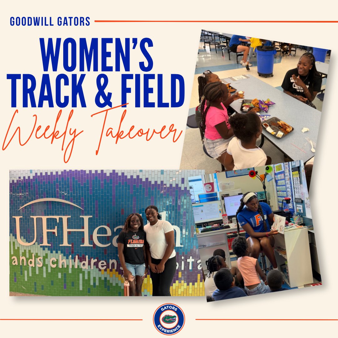 GatorsExp's tweet photo. Gators Women’s Track and Field ran around Gainesville this week bringing smiles to many faces by reading to children, visiting patients at the hospital, and chatting during lunch. 🏃‍♀️🐊😀

#GoodwillGators https://t.co/2zHdn9UxzB