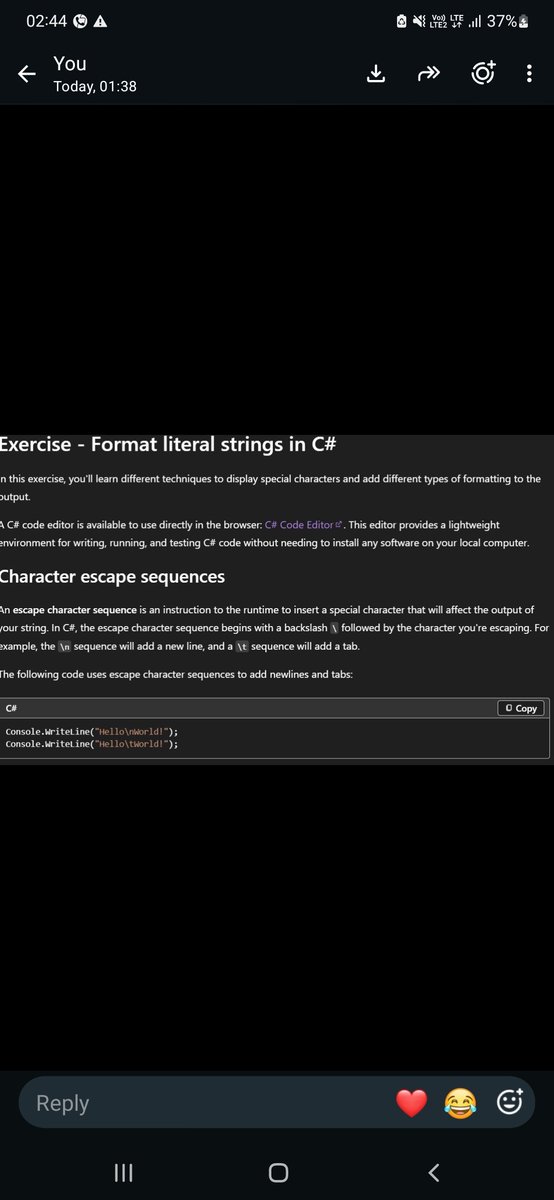 Dororo1425's tweet photo. Starting with day one of #120daysPhoenixArc  by @siamjuit..

Started with C# 

- learned about formatting  of literal strings 
-learned about formatting  output using escape sequences 
-jumped to Verbatim string literal.. https://t.co/ASSrGWAP0h