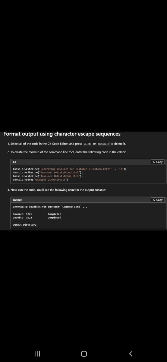 Dororo1425's tweet photo. Starting with day one of #120daysPhoenixArc  by @siamjuit..

Started with C# 

- learned about formatting  of literal strings 
-learned about formatting  output using escape sequences 
-jumped to Verbatim string literal.. https://t.co/ASSrGWAP0h