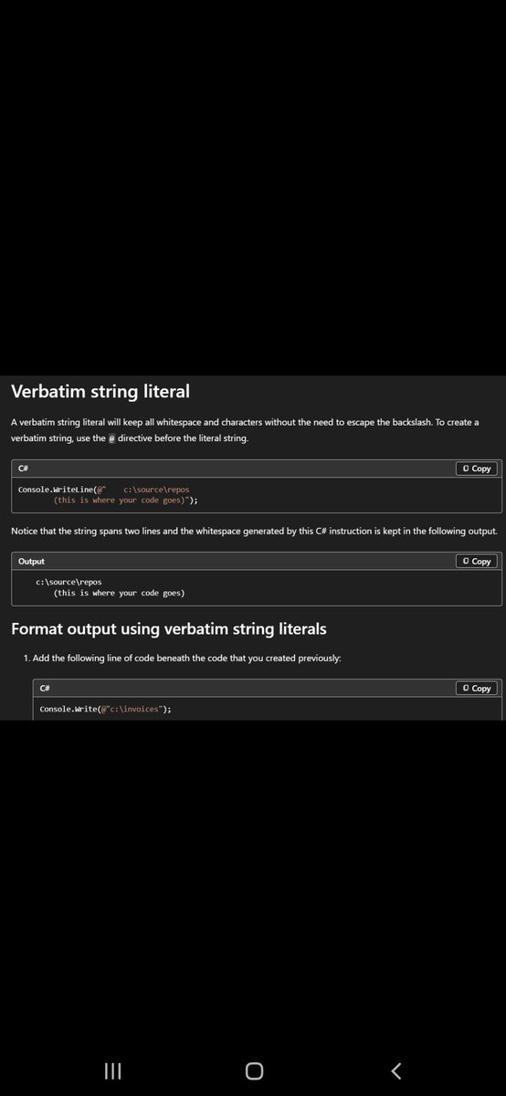 Dororo1425's tweet photo. Starting with day one of #120daysPhoenixArc  by @siamjuit..

Started with C# 

- learned about formatting  of literal strings 
-learned about formatting  output using escape sequences 
-jumped to Verbatim string literal.. https://t.co/ASSrGWAP0h