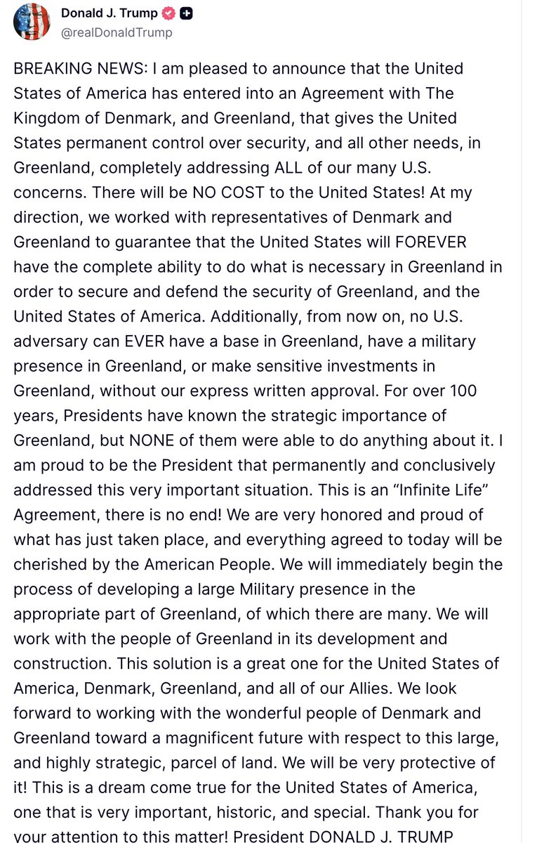 BreannaMorello's tweet photo. 🚨JUST POSTED🚨

President Donald Trump announces an agreement with Denmark and Greenland that gives the United States "permanent control over security, and all other needs, in Greenland, completely addressing ALL of our many U.S. concerns."

He adds that this will be at, "NO COST to the United States!"

He adds, "We will immediately begin the process of developing a large Military presence in the appropriate part of Greenland, of which there are many. We will work with the people of Greenland in its development and construction. This solution is a great one for the United States of America, Denmark, Greenland, and all of our Allies."