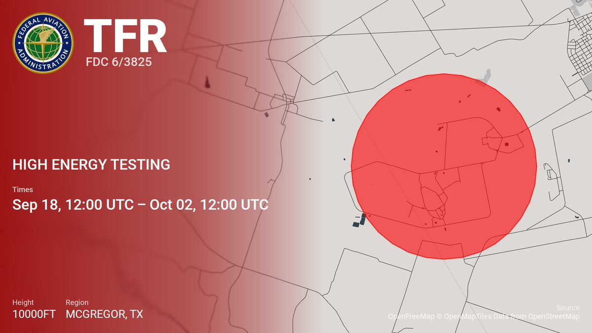 SpaceNotices's tweet photo. A 10000ft Temporary Flight Restriction for high energy ground testing at SpaceX's McGregor test site has been published. The usual TFR for this location only extends up to 2000ft

https://t.co/tnOWVlNP7A https://t.co/9m3e17y4qU