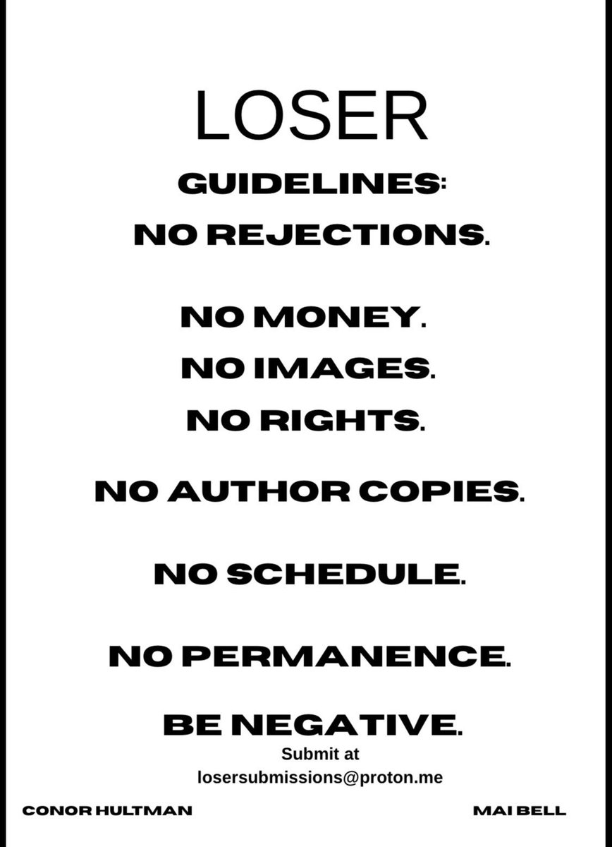 conorhultman's tweet photo. Loser VIII @ Earth is available to buy at the link below.
$12.

Submissions for Loser IX are now open. 
losersubmissions@proton.me
200 pages.
See the guidelines. 
Nothing is rejected.

Once Loser IX is out, the purchase link for Loser VIII will be closed.

Loser VII is gone. https://t.co/QMROfrJ8LB
