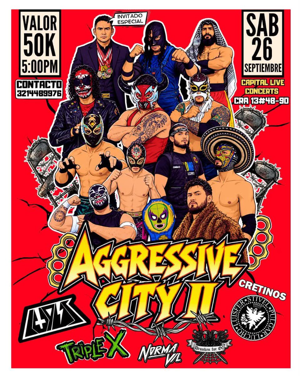 CWCcolombia's tweet photo. ¡LUCHA LIBRE + PUNK ROCK EN VIVO! 

Una noche de golpes, música y actitud donde todo puede pasar en el ring. 

🎸 Triple X
🎸 Lupus
🎸 Norma Vil
🎸 Drunken For Oi
🎸 Cretinos — interpretando temas de Ramones

¡Y más de 10 luchadores! Una noche con el estilo más agresivo de la lucha libre.

¡Prepárense para una noche donde el punk y la lucha se encuentran! 

🤝 Evento apoyado por CWC – Colombian Wrestling Community. 🇨🇴

¡Prepárense para una noche donde el punk y la lucha se encuentran! 

#AWCwrestling #LuchaLibre #colombia #Wrestling