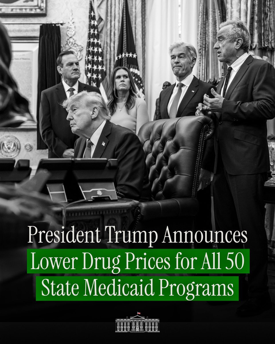 KLXNWS's tweet photo. HISTORIC ACTION to lower drug prices for all 50 state Medicaid programs by advancing Most-Favored-Nation pricing, with estimated savings of $64.3 billion. 🇺🇸

Delivering on the promise to PUT AMERICAN PATIENTS FIRST! https://t.co/OIYSXSz60o