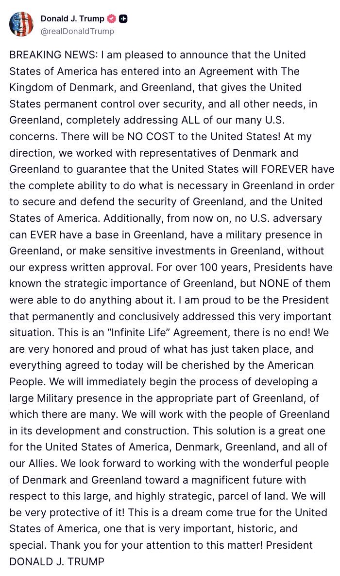 KobeissiLetter's tweet photo. BREAKING: President Trump says the US has entered an agreement with Denmark and Greenland that gives the US “permanent control over security and all other needs in Greenland.”

“There will be no cost to the United States,” Trump says. https://t.co/52lkCjCMzY