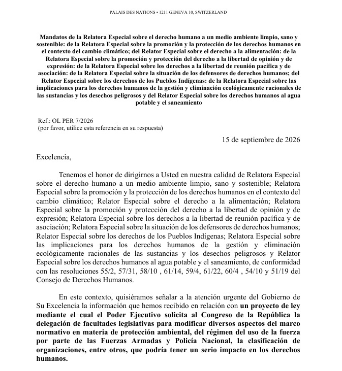 Ojo_Publico's tweet photo. 🚨 A través de una carta al gobierno de Keiko Fujimori, nueve relatores especiales de la Naciones Unidas manifestaron su preocupación por el pedido de facultades legislativas y advirtieron riesgos en la protección ambiental, así como en derechos humanos y de pueblos indígenas. 🧵 https://t.co/6gFqCyB7Kl