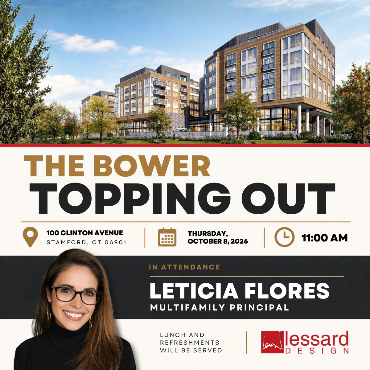 Lessarddesign's tweet photo. Lessard Design’s Leticia Flores, Multifamily Principal, will be attending The Bower Topping Out! 🏗️
📅 Oct. 8, 2026 | 11 AM
📍 100 Clinton Avenue, Stamford, CT
We look forward to celebrating this exciting project milestone!
#LessardDesign #TheBower #Multifamily #Architecture https://t.co/P0Ifsg6TB2